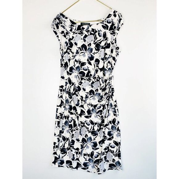 CURRENT Season Ralph Lauren Floral Dress Side Ruched Navy Grey Size 10 - Picture 2 of 8